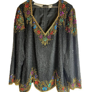 Vintage Scala 100 % Silk Beaded Sequins Size 2 X Top Blouse